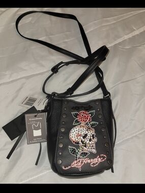 Ed Hardy Black Crossbody with Skull, Rose & Stud Detail